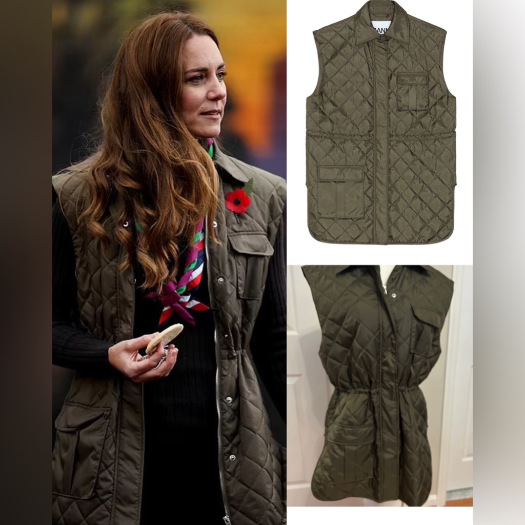 Khaki Quilted Tech Fabric Vest By Ganni - Aso Kate Middleton Royal - 36/S (Rare)